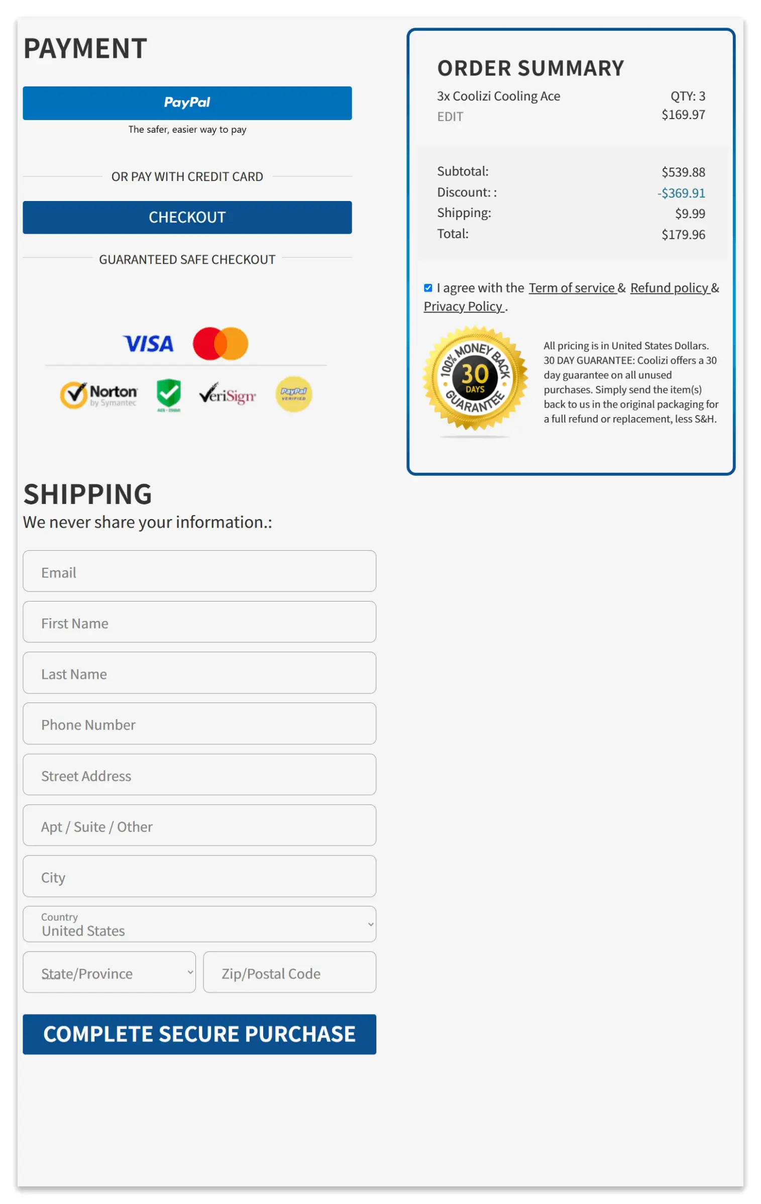 Coolizi Cooling Ace secure checkout page